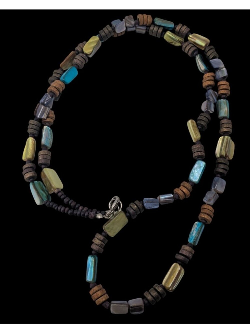 Boho Long Iridescent Shell Beaded Necklace Earthy Multicolor Tribal Festival Jew